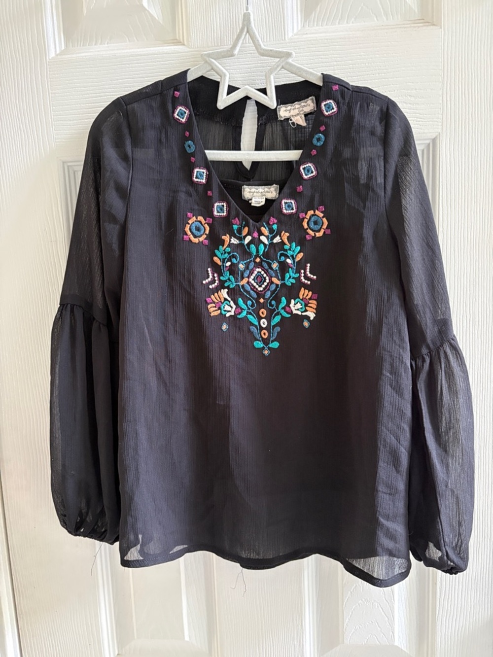 Eyeshadow Black Blouse with Multicolor Floral Embroidery